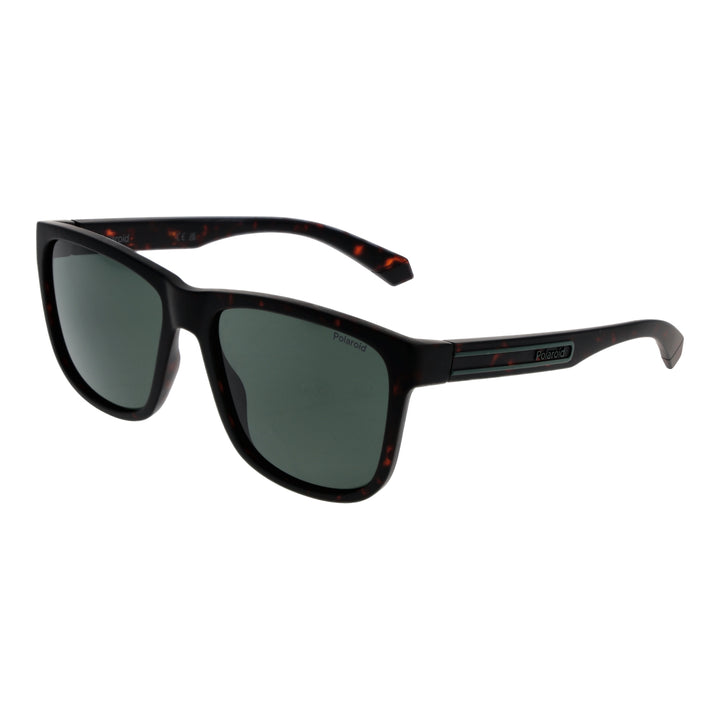 Tortoiseshell rectangular sunglasses in plastic frame with dark green polarized lenses, temple logo visible