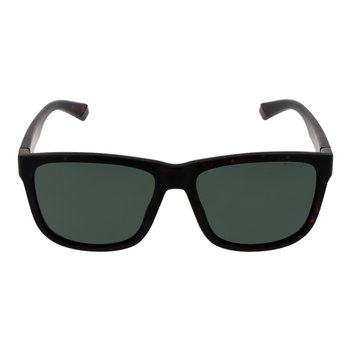 Tortoiseshell rectangular sunglasses in plastic frame with dark green polarized lenses, temple logo visible