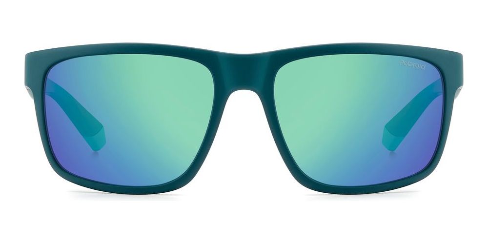 Teal rectangular sport sunglasses with mirrored lenses and two temple stripes, Unisex design