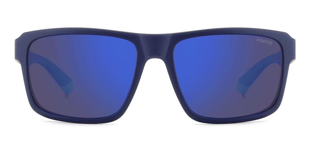 Blue rectangular sport sunglasses with light and deep blue two-tone temples and polarized lenses