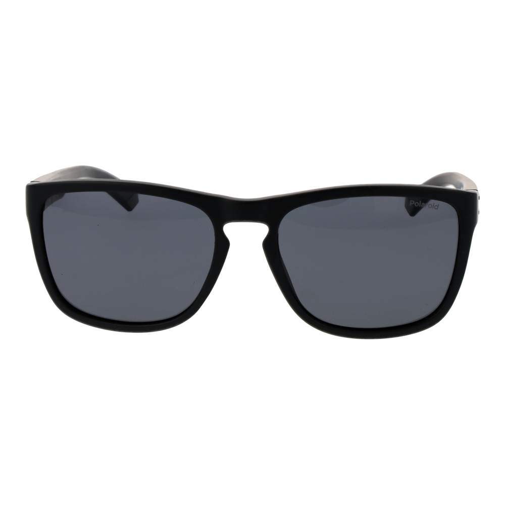 Black rectangular sunglasses on neutral background showing polarized lenses and two horizontal temple stripes