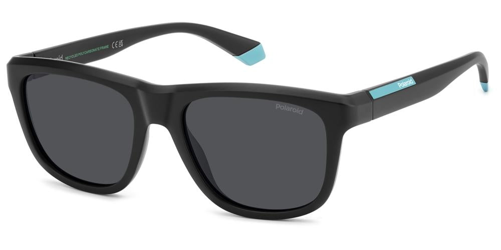 Black polycarbonate rectangular sunglasses with light-blue accents and polarized lenses, logo on temple and lens