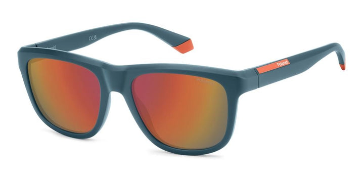 Unisex blue full-rim rectangular sunglasses with orange accents and red-orange mirrored lenses on white background