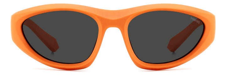 Unisex orange plastic cat-eye sunglasses, polarized lenses, sporty silhouette against neutral background