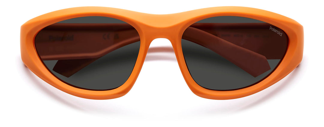 Unisex orange plastic cat-eye sunglasses, polarized lenses, sporty silhouette against neutral background