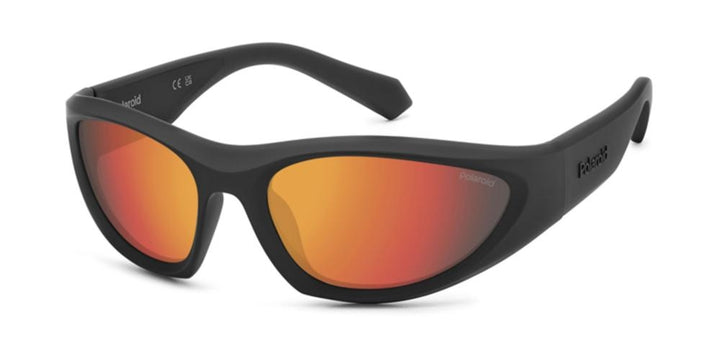 Black wrap sunglasses with orange-red mirrored polarized lenses on white background, sporty plastic frame