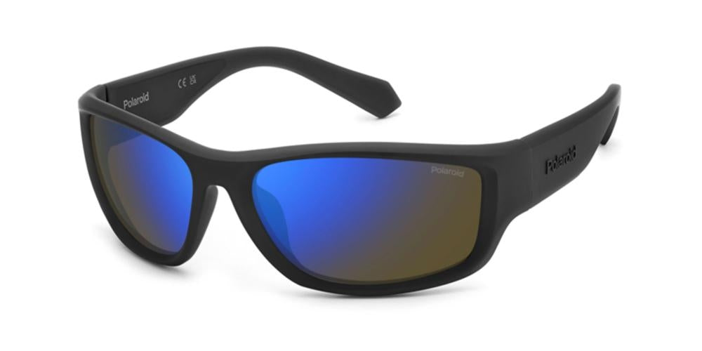 Black plastic wrap-around sunglasses with blue reflective polarized lenses, sporty profile for Man