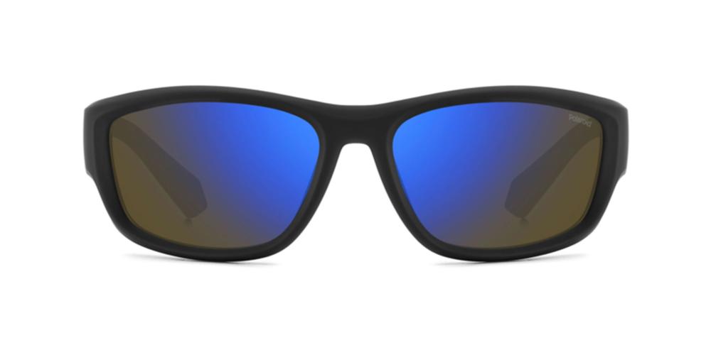 Black plastic wrap-around sunglasses with blue reflective polarized lenses, sporty profile for Man