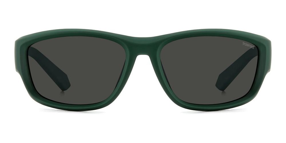 Dark green plastic wrap-around sunglasses with polarized lenses, sporty silhouette on white background