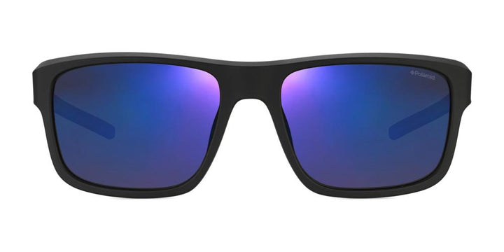 Unisex sporty rectangular sunglasses black frame with blue–purple gradient polarized lenses on white background