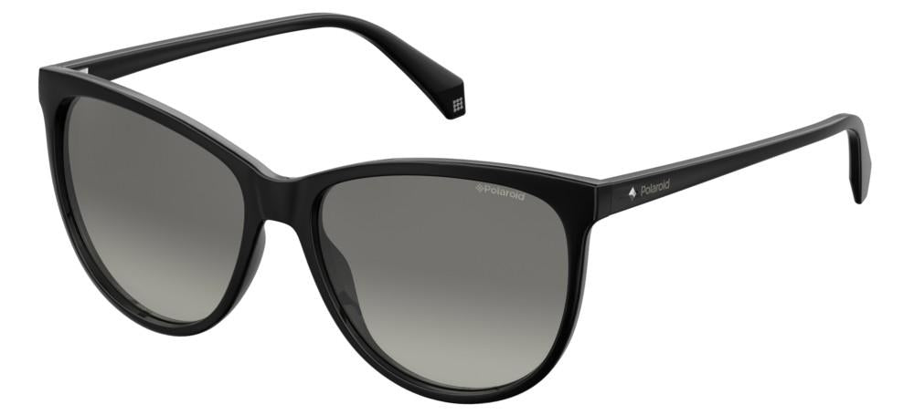 Black cat-eye sunglasses in glossy polycarbonate with gradient polarized lenses, frontal three-quarter view