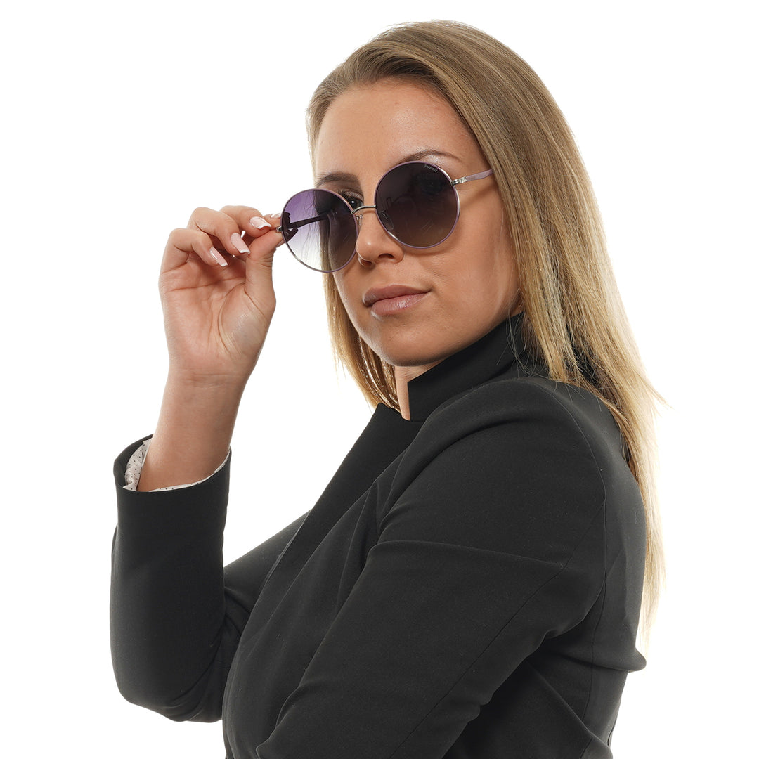Purple metal round sunglasses with gradient lenses and adjustable nose pads on white background