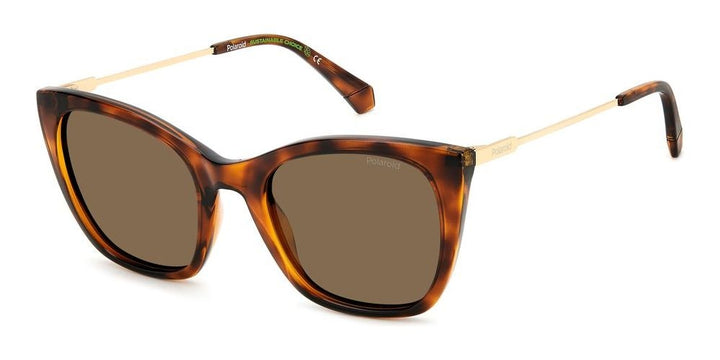Tortoiseshell cat-eye sunglasses with gold metal temples and polarized brown lenses on white background
