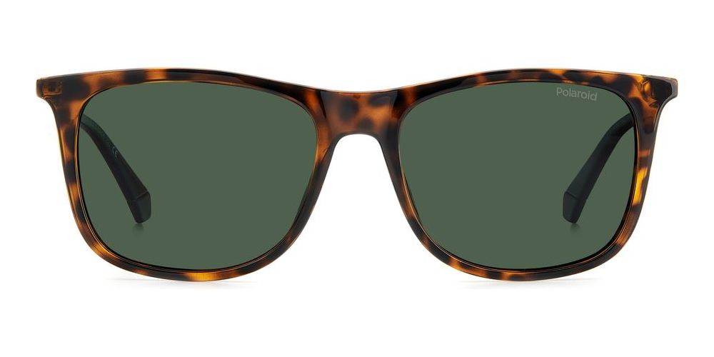 Tortoise shell rectangular sunglasses with green polarised lenses and thin metal temples, branded detail visible