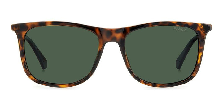 Tortoise shell rectangular sunglasses with green polarised lenses and thin metal temples, branded detail visible
