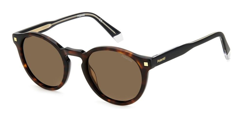 Unisex tortoise shell round sunglasses in acetate with gold square corner accents and polarized lenses