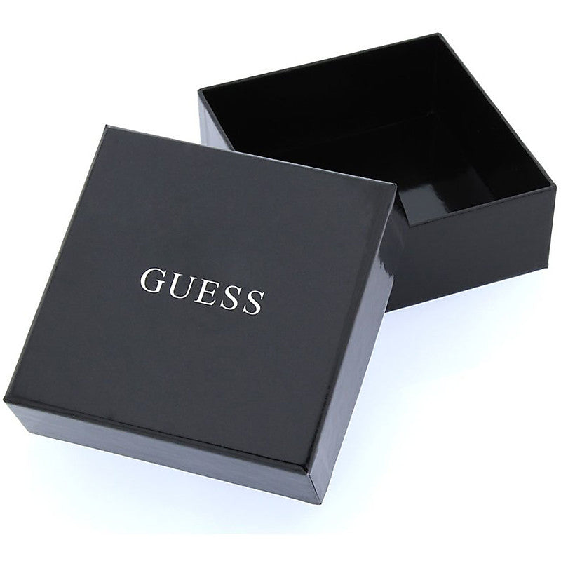 Silver bangle bracelet with glossy circular blue, green and black motifs beside a cardboard presentation box