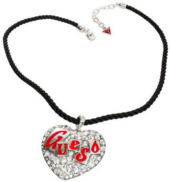 Silver heart pendant with rhinestones on twisted black cord, adjustable chain and small triangular charm