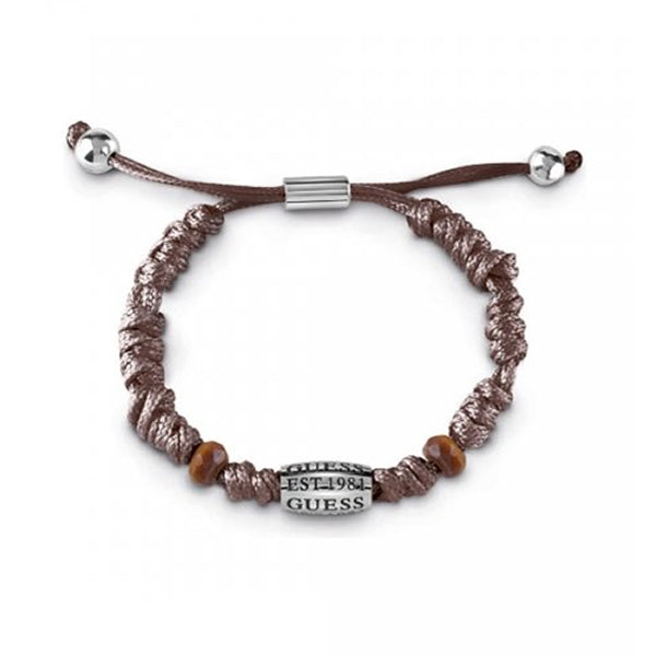 Unisex brown braided fabric cord bracelet with metal beads and knotted adjustable strap on neutral background
