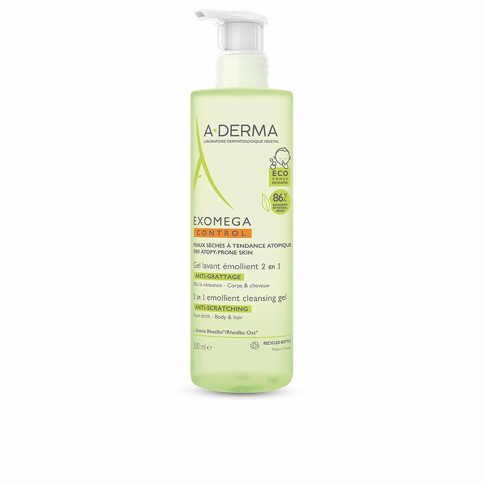 500 ml pale bottle of gentle 2‑in‑1 emollient cleansing gel for babies, oat extract