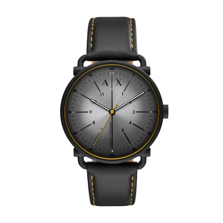 Black metal-cased wristwatch, grey-gradient dial, black leather strap, yellow stitched detail and second hand.