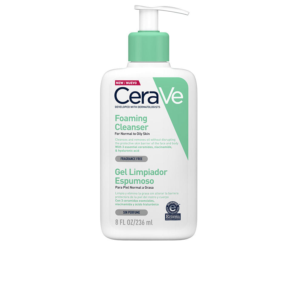 Clear foaming gel cleanser bottle, 473 ml, fragrance-free, ceramides visible