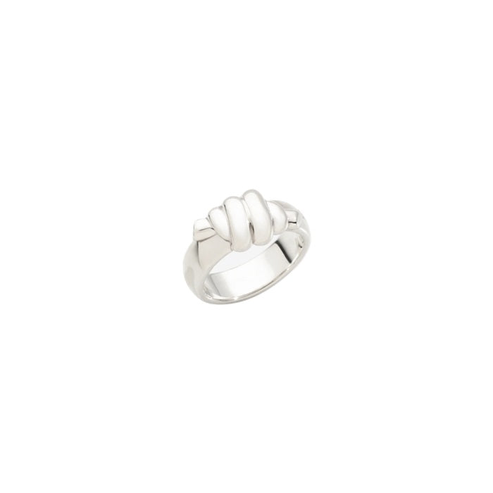 Polished sterling silver sculptural ring for Man, mirror finish, modern rounded profile on neutral background