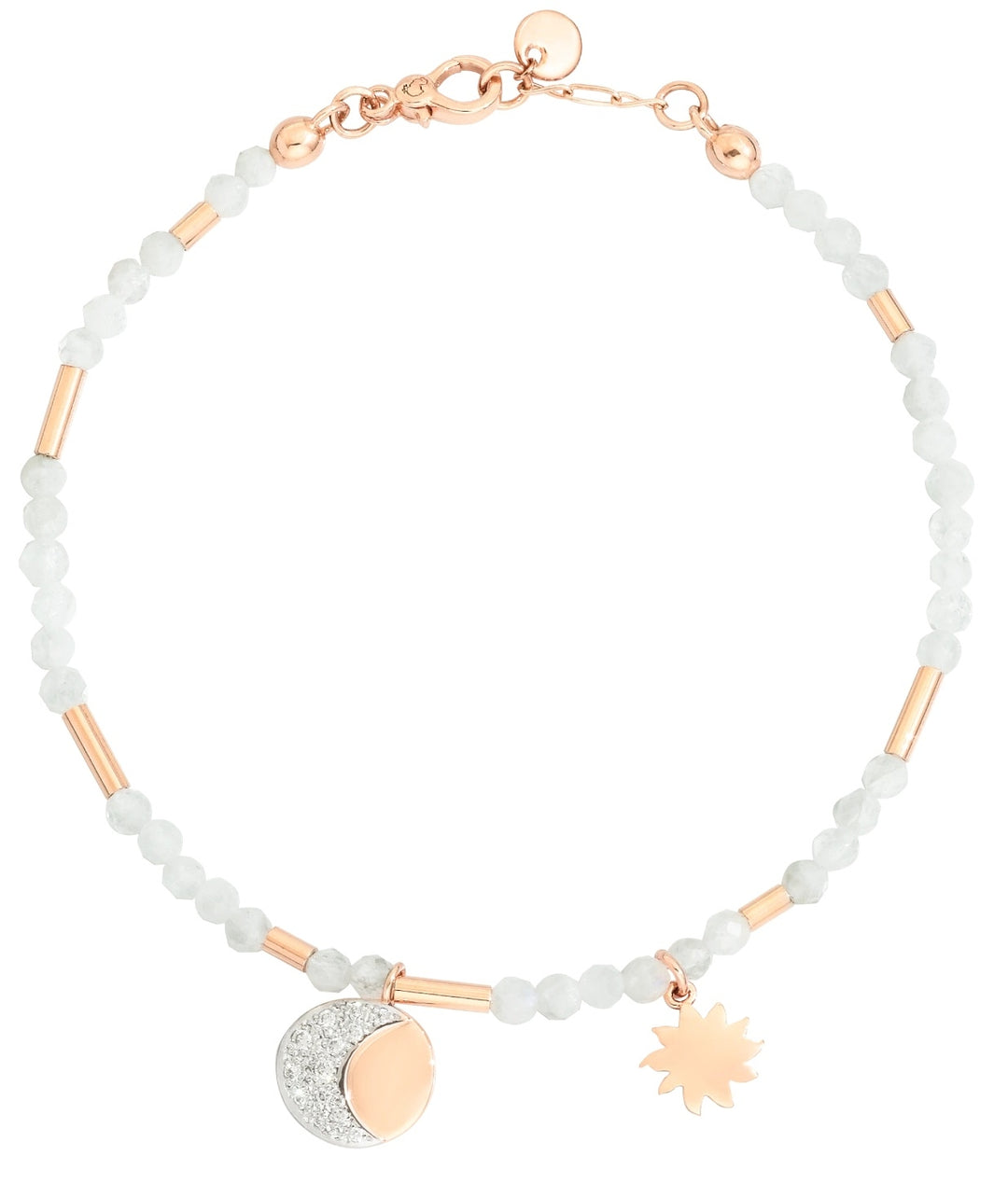 Rose gold charm bracelet on neutral background with moon and sun crystal charms and white faceted beads