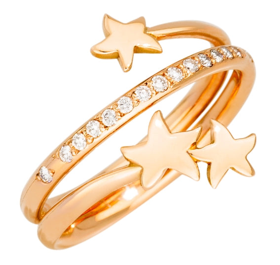 Rose-gold open band ring with star-shaped motif and clear crystals on a white background