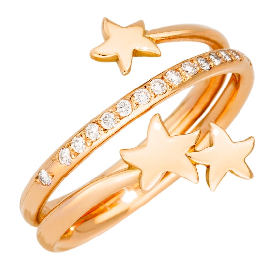 Rose gold open band ring with star-shaped motifs and clear pavé crystals on a neutral background