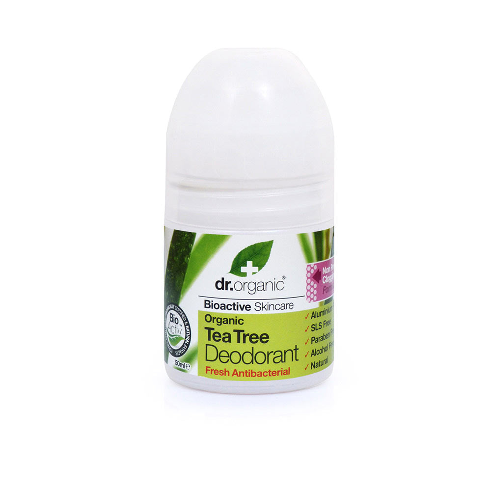50 ml roll‑on deodorant bottle with tea tree and aloe ingredients, aluminium‑free, Unisex