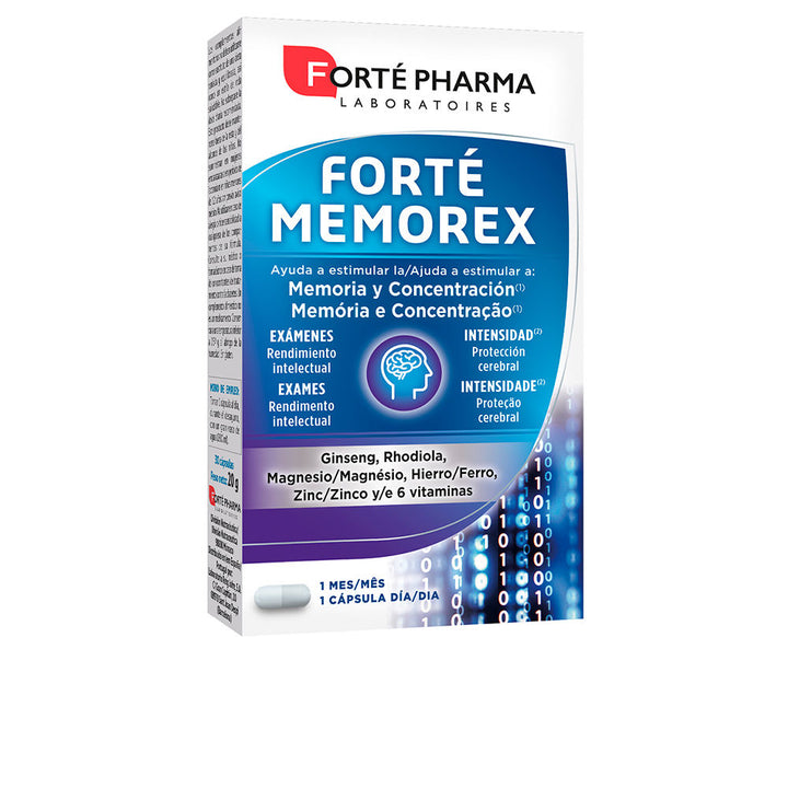 Forté Pharma Rectangular cardboard box in white, blue and purple with capsule image, brain icon, and multilingual text