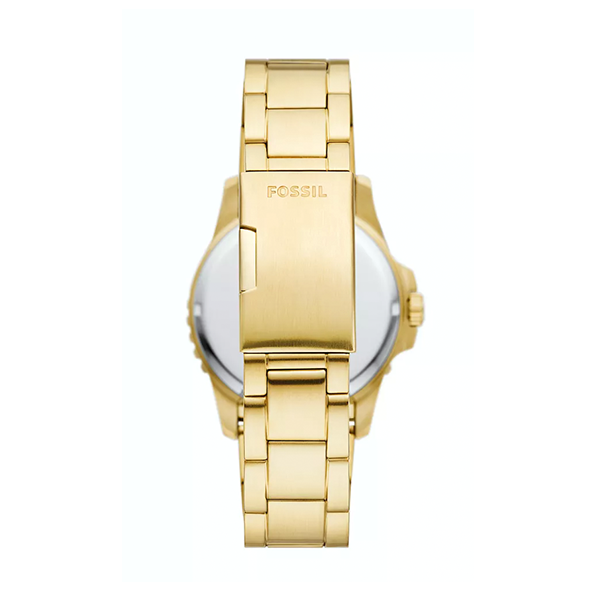 Gold-tone diver watch with green dial, rotating bezel, luminous markers, and metal bracelet