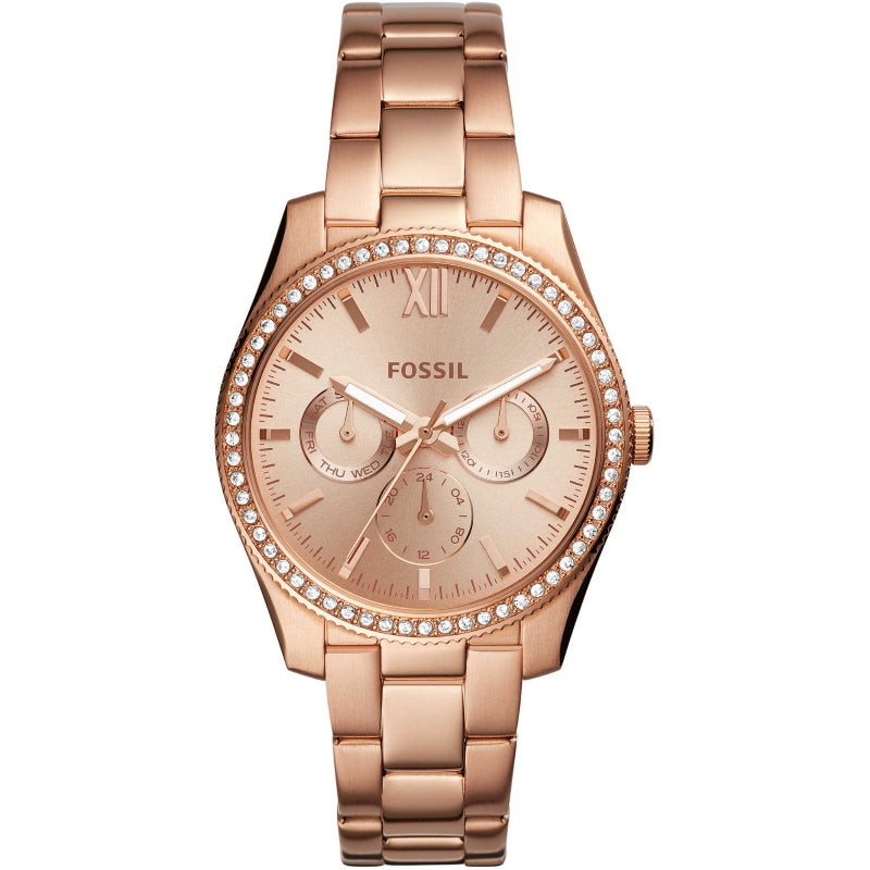 Rose gold multi-function wristwatch with crystal-studded bezel and metal link bracelet for Women