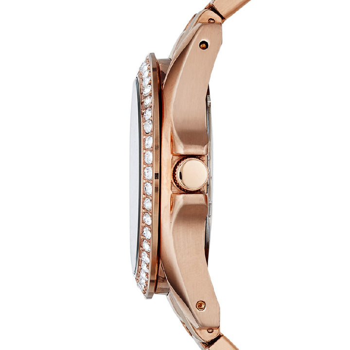 Rose gold chronograph watch on metal bracelet with crystal-set dial, 38mm case, close-up view.
