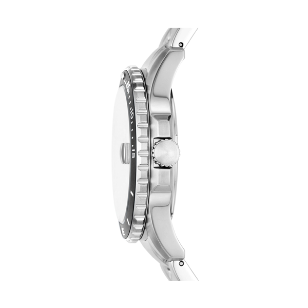 Silver stainless steel diver watch black dial luminous markers rotating bezel date display on bracelet