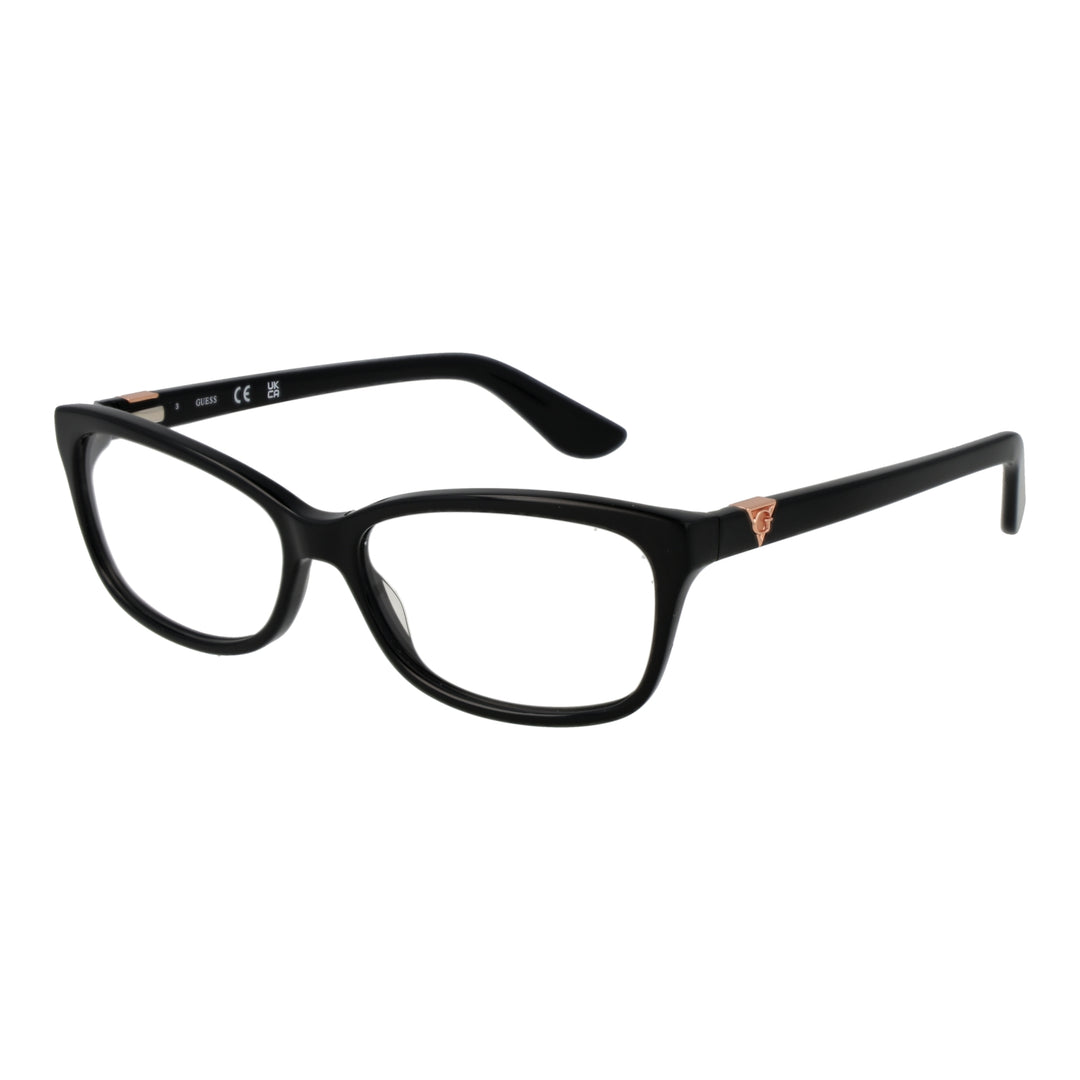 Black rectangular full-rim eyeglasses for Women with rose-gold temple accents, modern streamlined silhouette