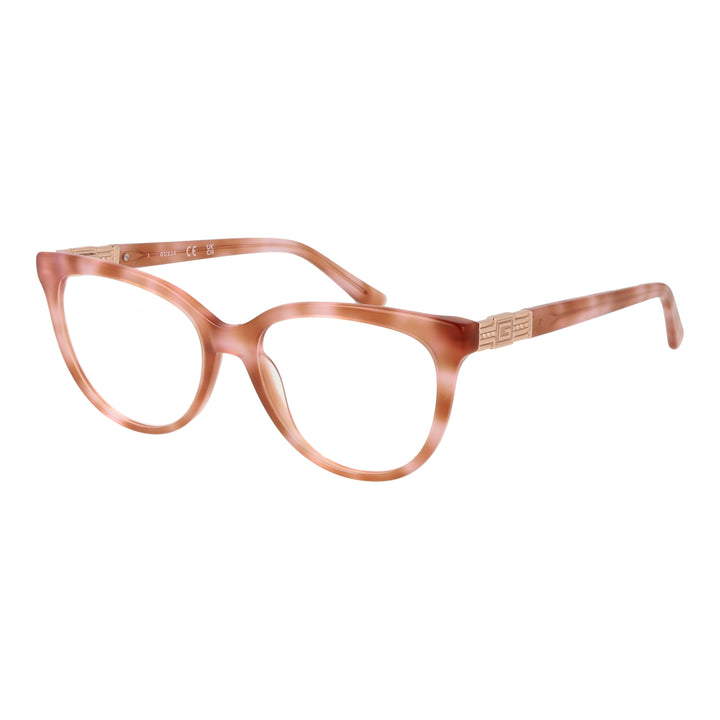 Brownish-pink plastic cat-eye eyeglasses with decorative gold emblem on temples, full-rim frame