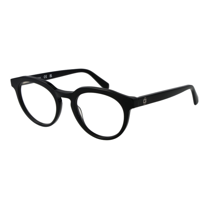 Unisex black plastic round eyeglasses, full-rim frame, temple tips, front view on white background.