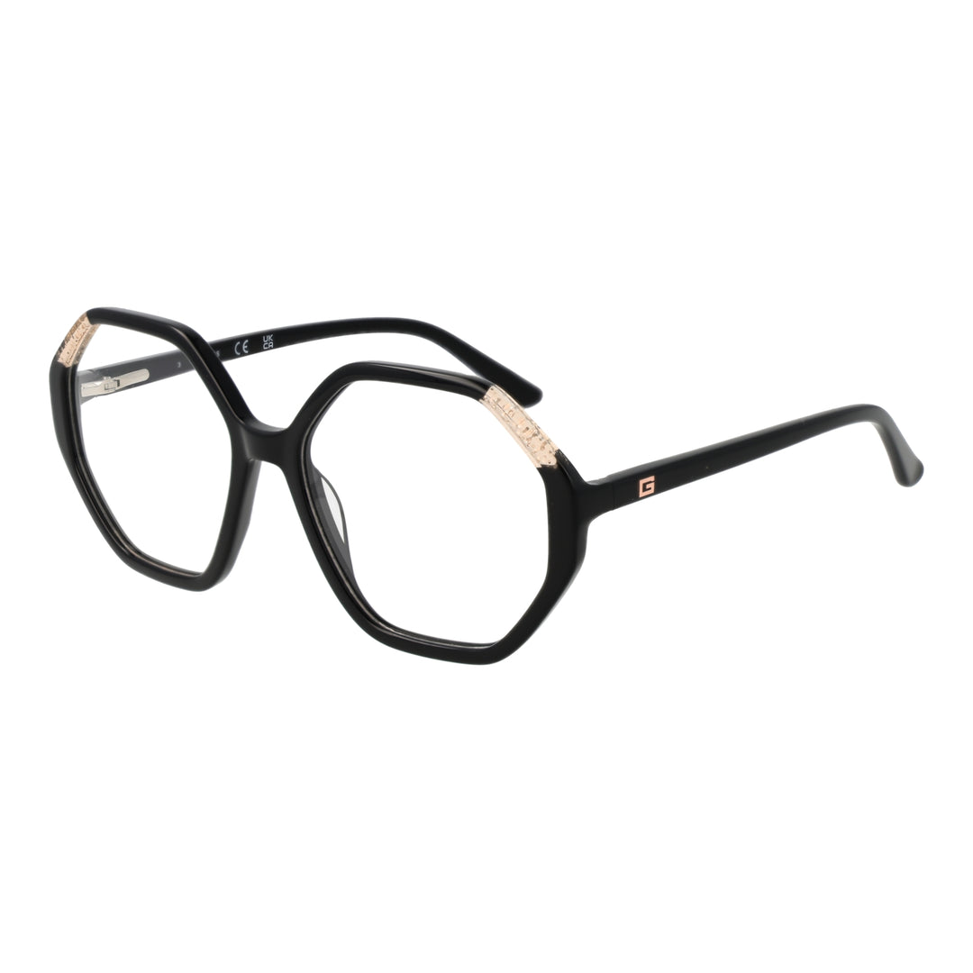 Black hexagonal eyeglasses with gold corner accents and small gold &