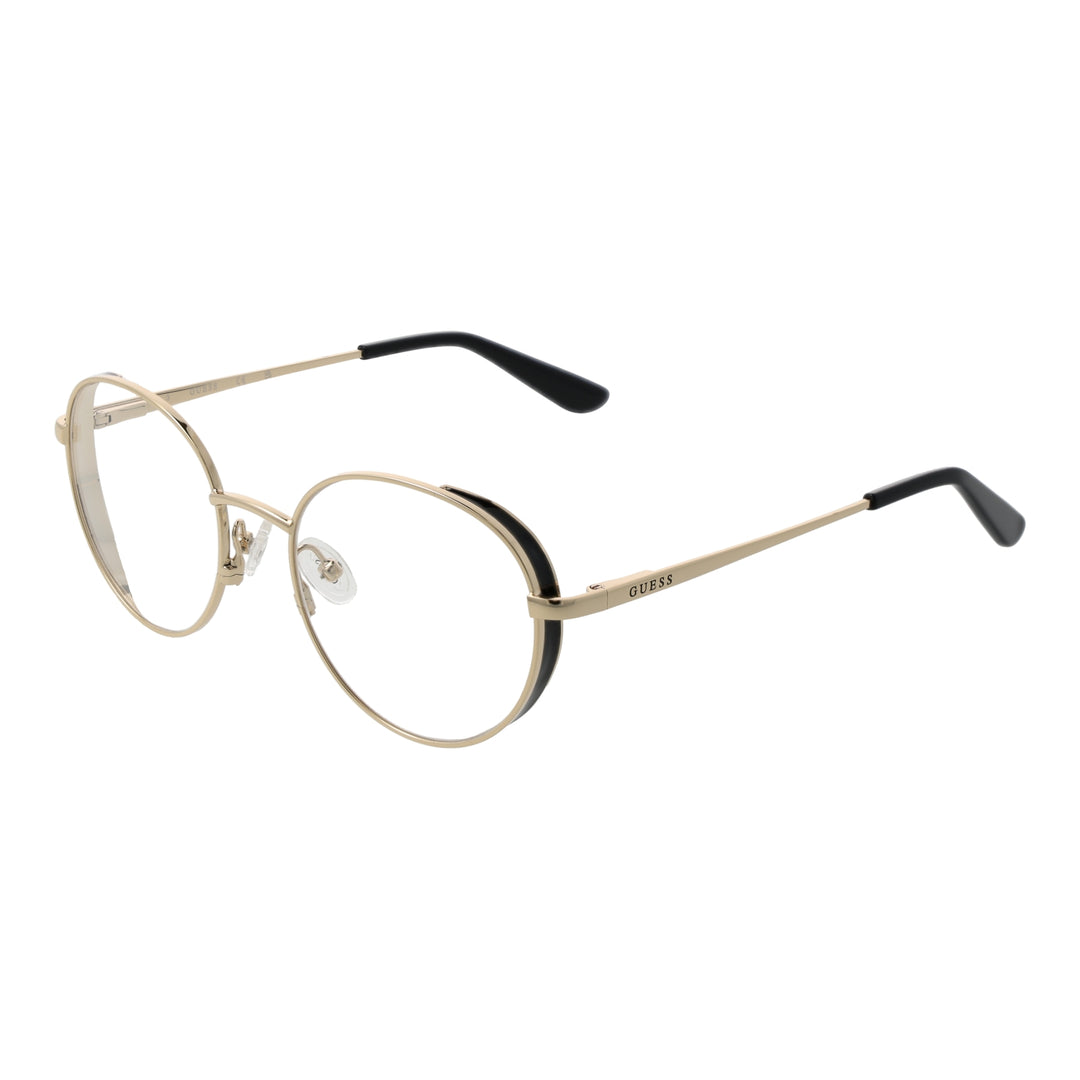 Unisex gold metal round eyeglasses with thin frame and black temple tips, front view on white background.