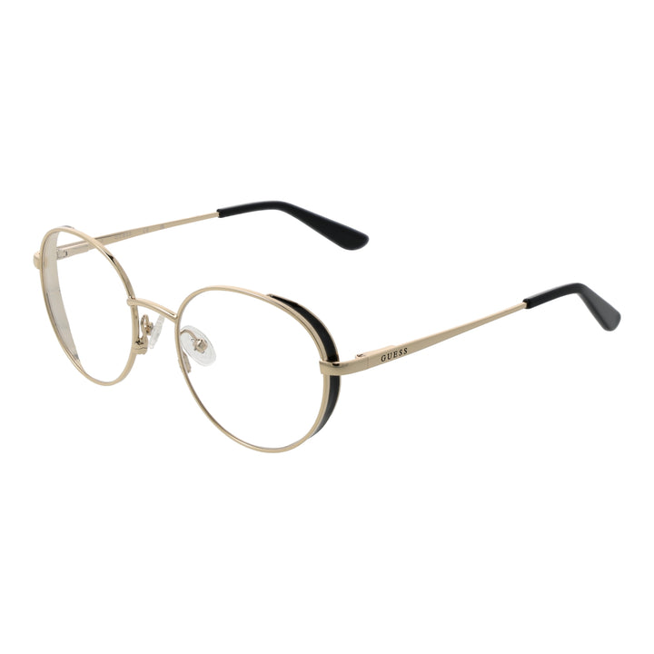 Unisex gold metal round eyeglasses with thin frame and black temple tips, front view on white background.
