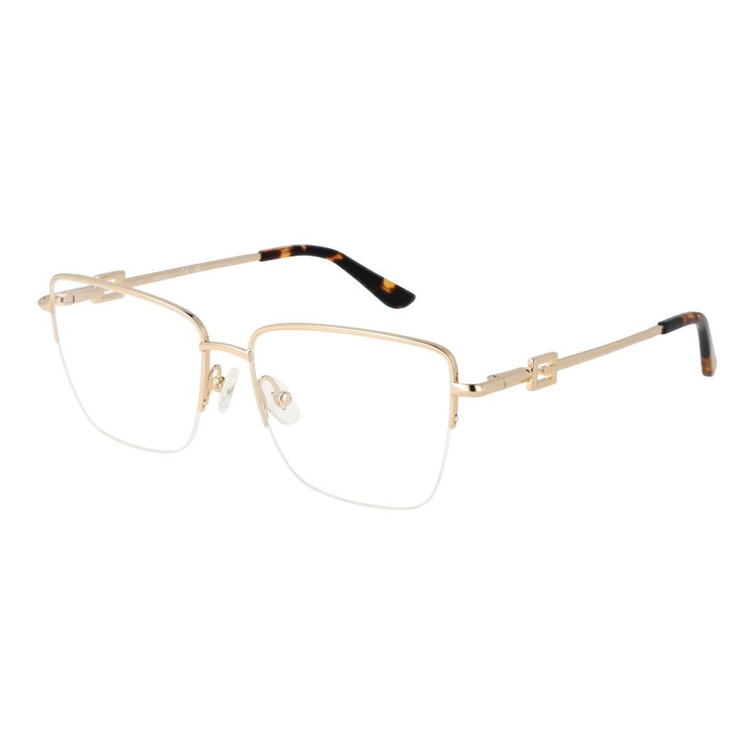 Gold semi-rimless eyeglasses with tortoise accents, square lenses, adjustable nose pads, decorative G logo on temples.