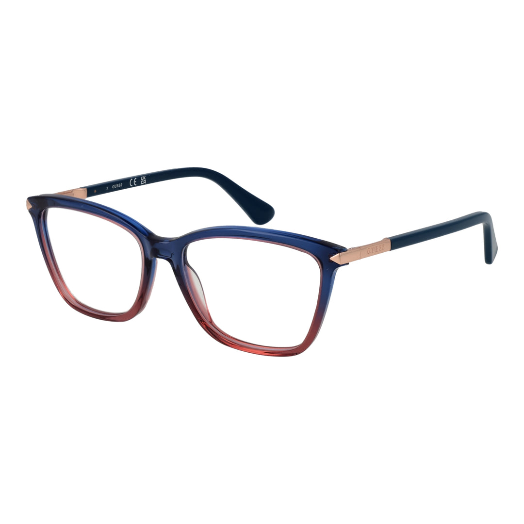 Blue-to-red gradient square eyeglasses with rose-gold metal temples on white background