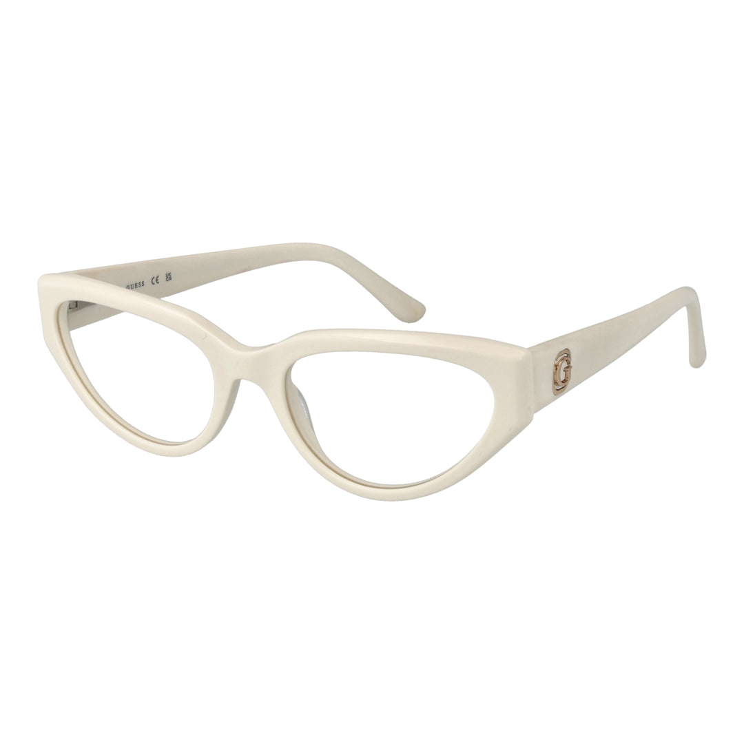 Off-white plastic cat-eye eyeglasses for Women with upswept frames and logo temples, shown three-quarter view.