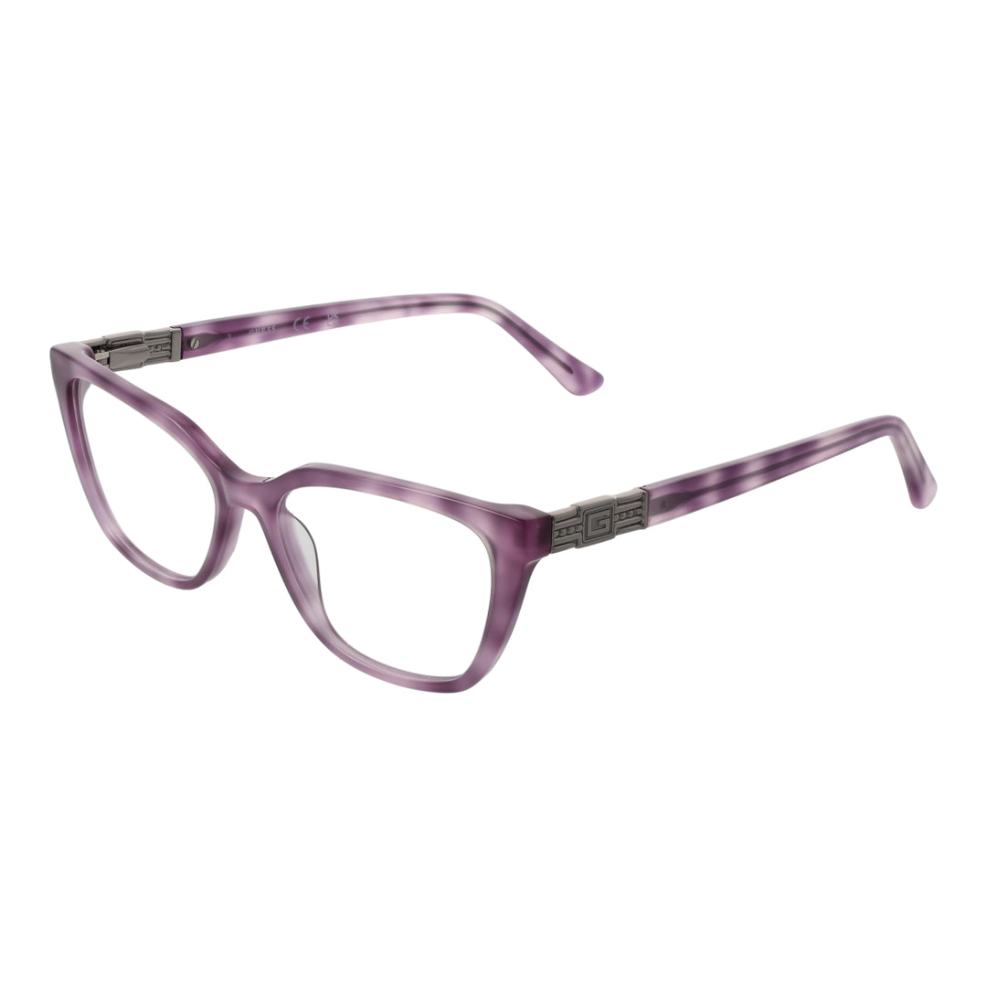 Purple rectangular eyeglasses in plastic frame with metal hinge and 'G' emblem, modern style for Women
