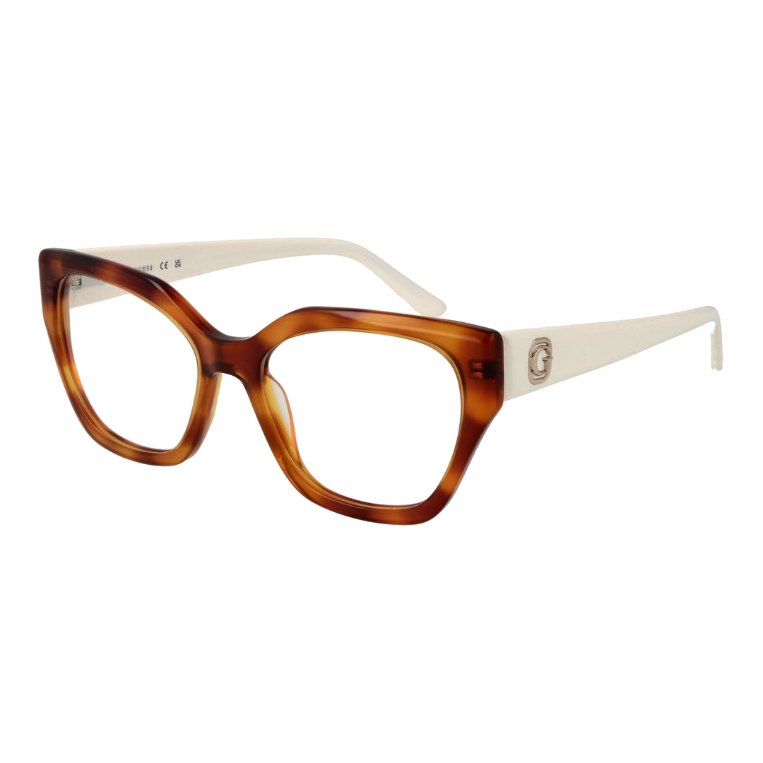 Brown-and-white retro cat-eye eyeglasses in plastic with clear lenses and logo on temple, front-quarter view