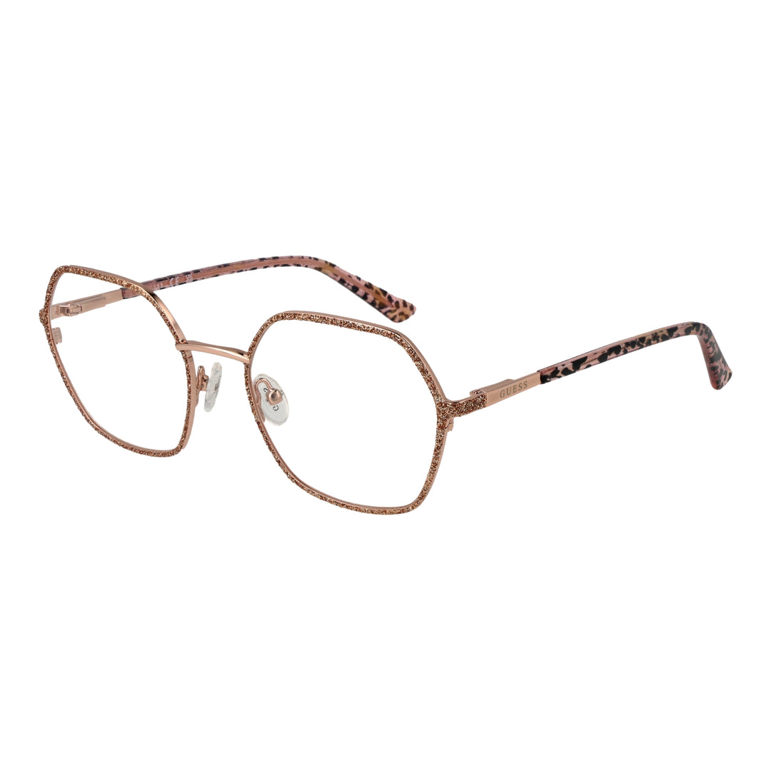 Rose gold geometric eyeglasses with glittery metal front and leopard-print plastic temples for Women