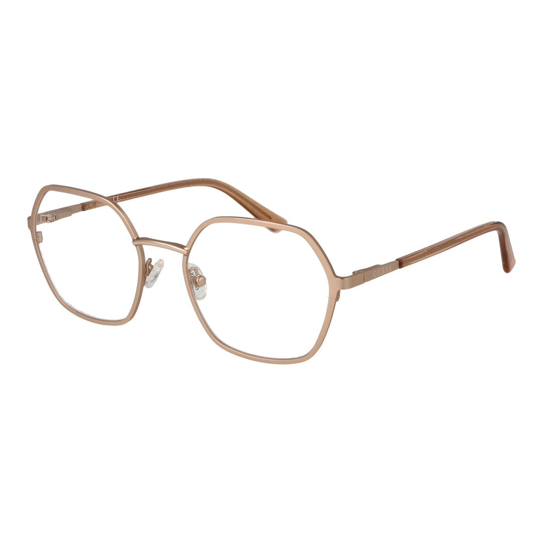 Rose gold thin metal hexagonal eyeglasses on neutral background, adjustable nose pads visible, Unisex modern geometric style
