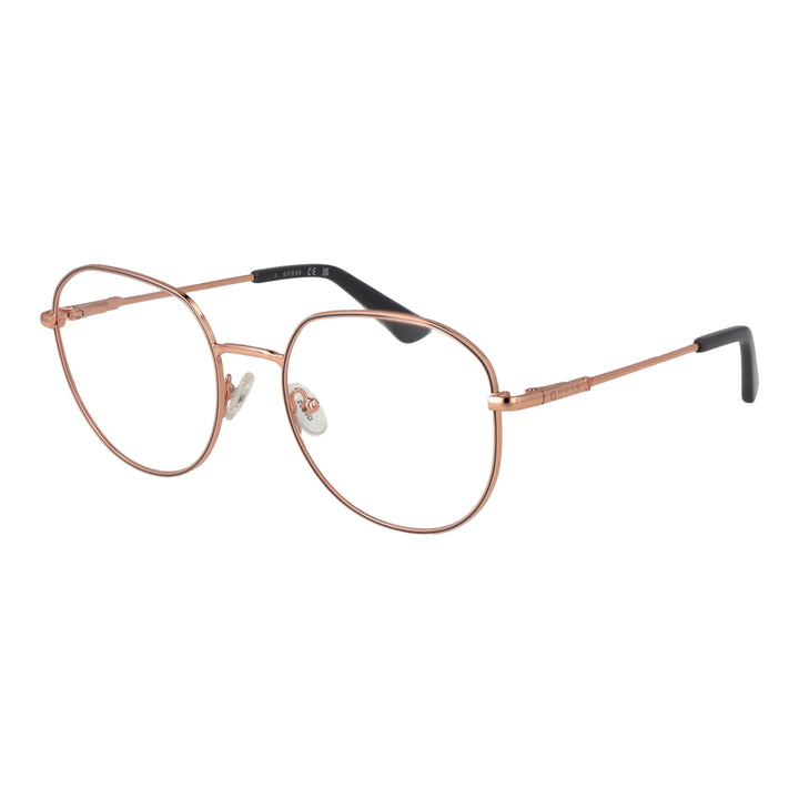Unisex rose gold thin metal eyeglasses with black temple tips and rounded square lenses on white background
